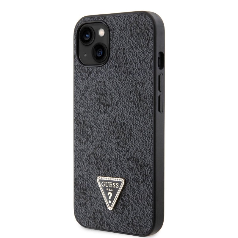 Guess PU 4G Strass Triangle Metal Logo Zadný Kryt pre iPhone 15 Black