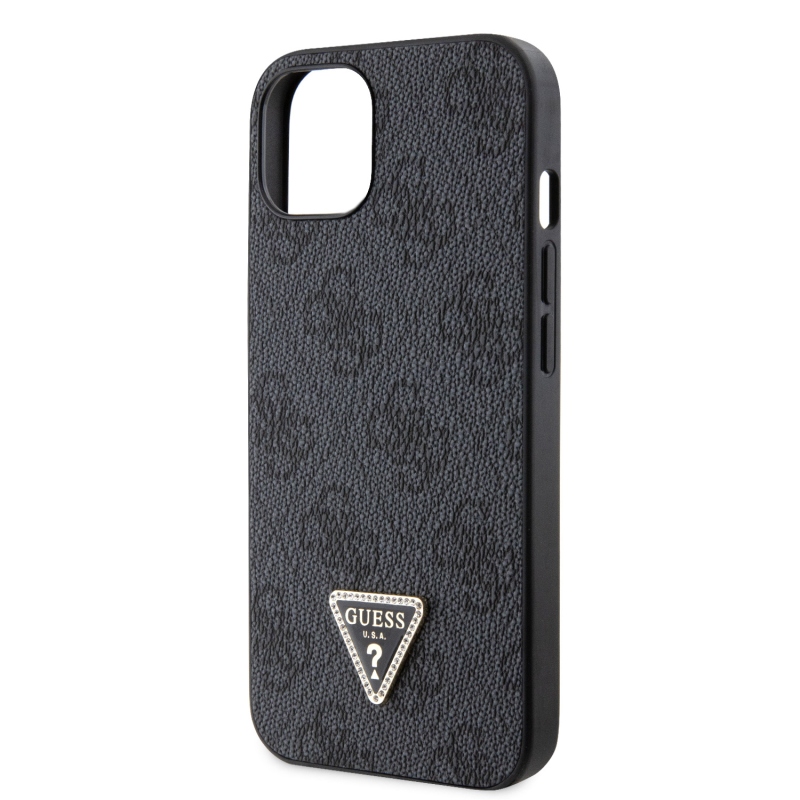 Guess PU 4G Strass Triangle Metal Logo Zadný Kryt pre iPhone 15 Black