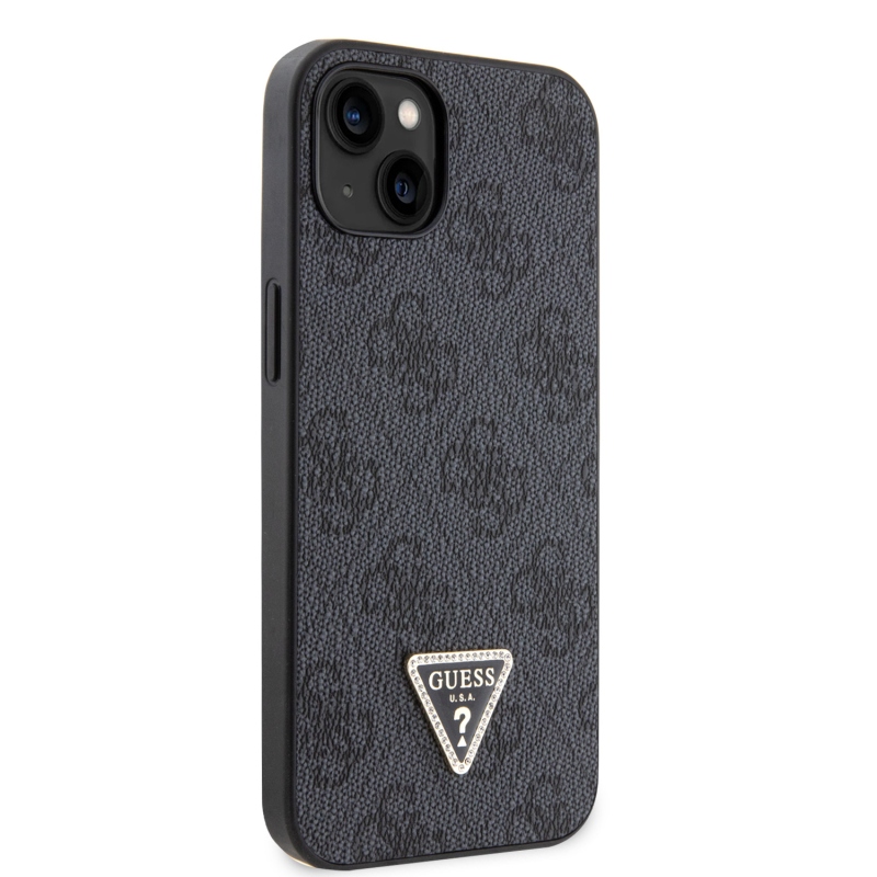 Guess PU 4G Strass Triangle Metal Logo Zadný Kryt pre iPhone 15 Black