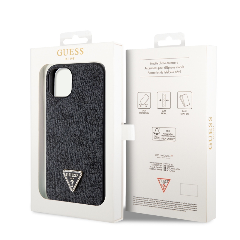 Guess PU 4G Strass Triangle Metal Logo Zadný Kryt pre iPhone 15 Black