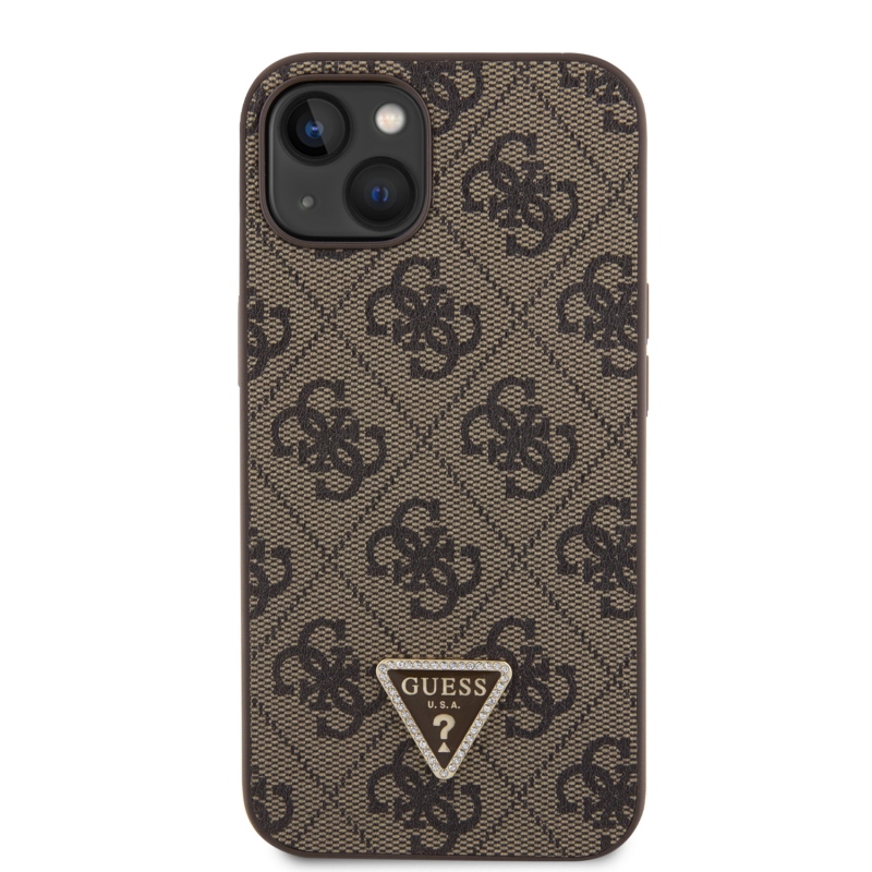 Guess PU 4G Strass Triangle Metal Logo Zadný Kryt pre iPhone 15 Brown