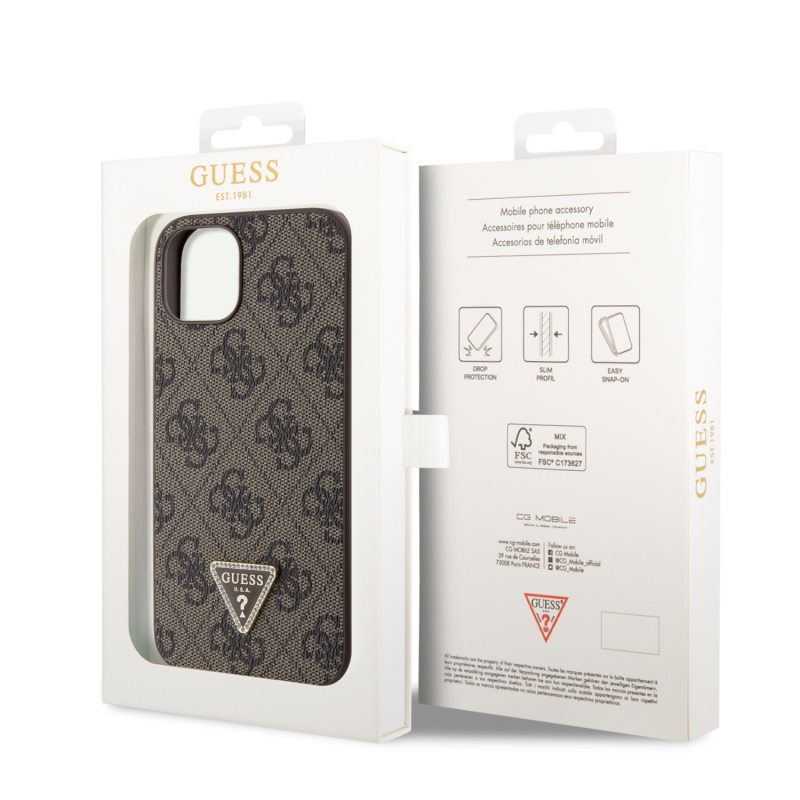 Guess PU 4G Strass Triangle Metal Logo Zadný Kryt pre iPhone 15 Brown