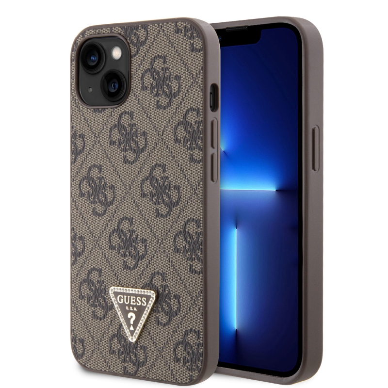 Guess PU 4G Strass Triangle Metal Logo Zadný Kryt pre iPhone 15 Brown