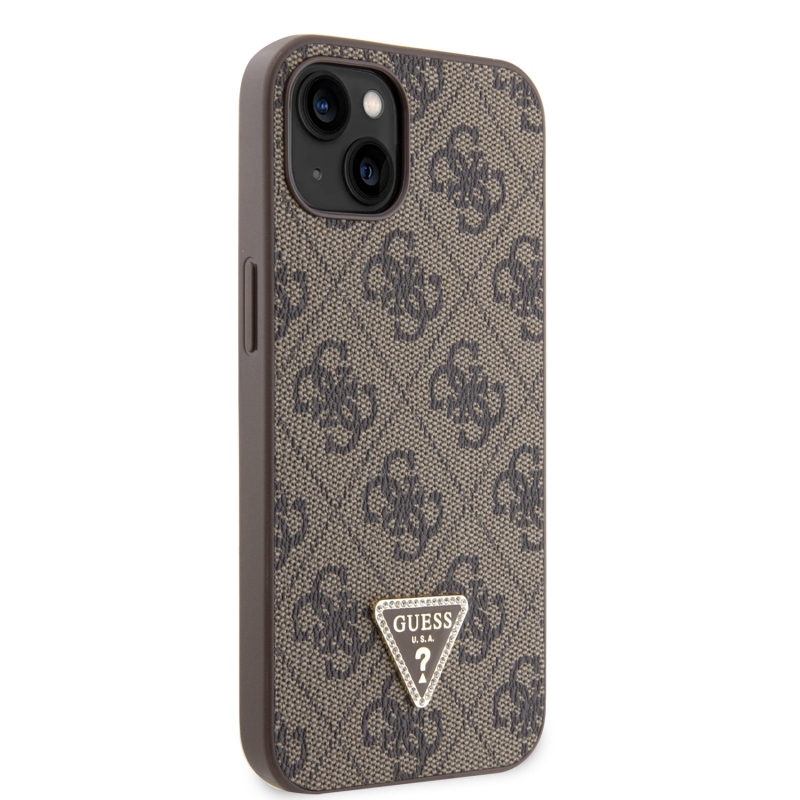 Guess PU 4G Strass Triangle Metal Logo Zadný Kryt pre iPhone 15 Brown