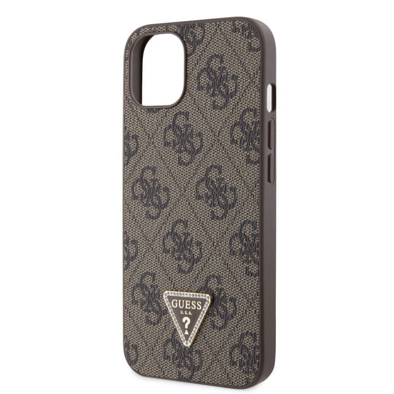 Guess PU 4G Strass Triangle Metal Logo Zadný Kryt pre iPhone 15 Brown