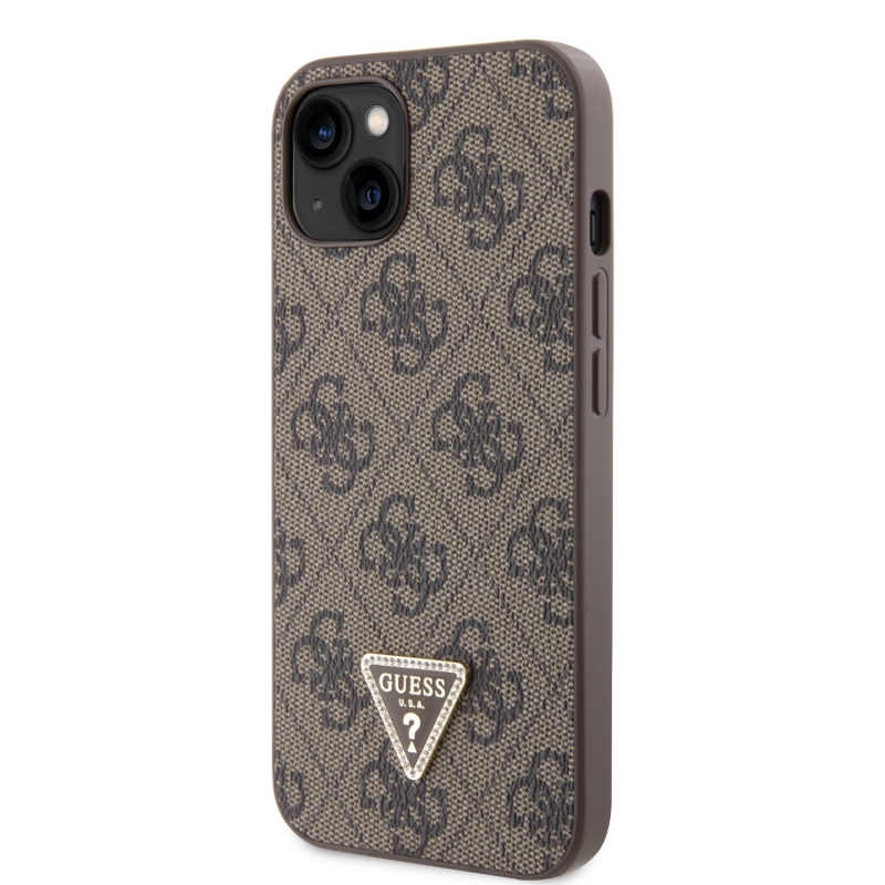 Guess PU 4G Strass Triangle Metal Logo Zadný Kryt pre iPhone 15 Brown