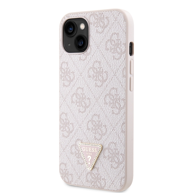 Guess PU 4G Strass Triangle Metal Logo Zadný Kryt pre iPhone 15 Pink