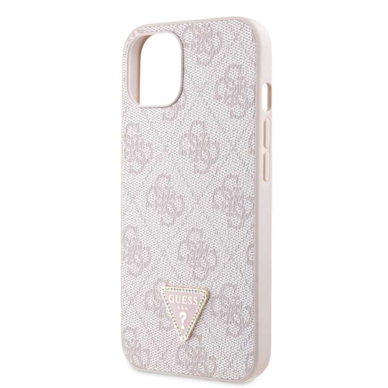 Guess PU 4G Strass Triangle Metal Logo Zadný Kryt pre iPhone 15 Pink