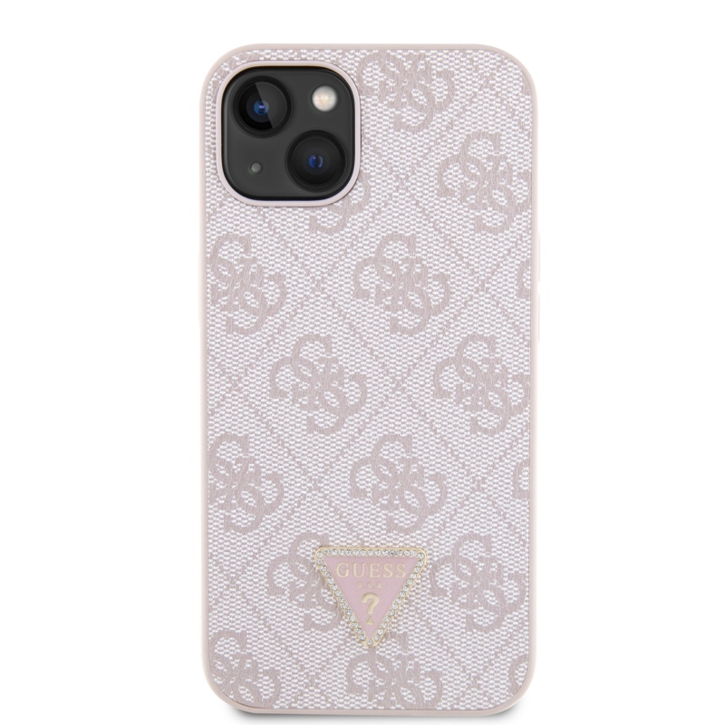 Guess PU 4G Strass Triangle Metal Logo Zadný Kryt pre iPhone 15 Pink