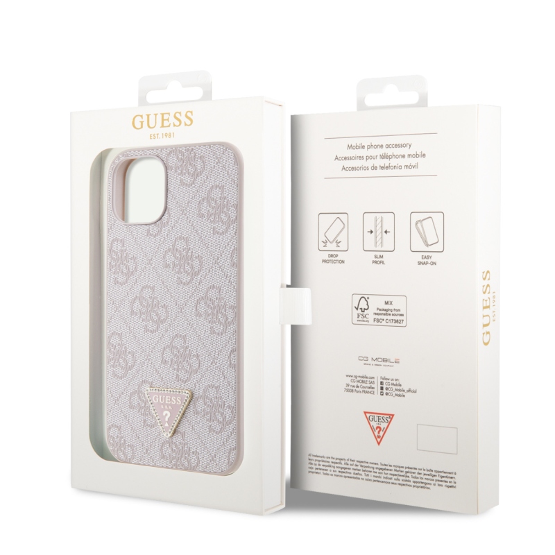 Guess PU 4G Strass Triangle Metal Logo Zadný Kryt pre iPhone 15 Pink