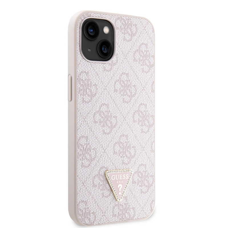 Guess PU 4G Strass Triangle Metal Logo Zadný Kryt pre iPhone 15 Pink