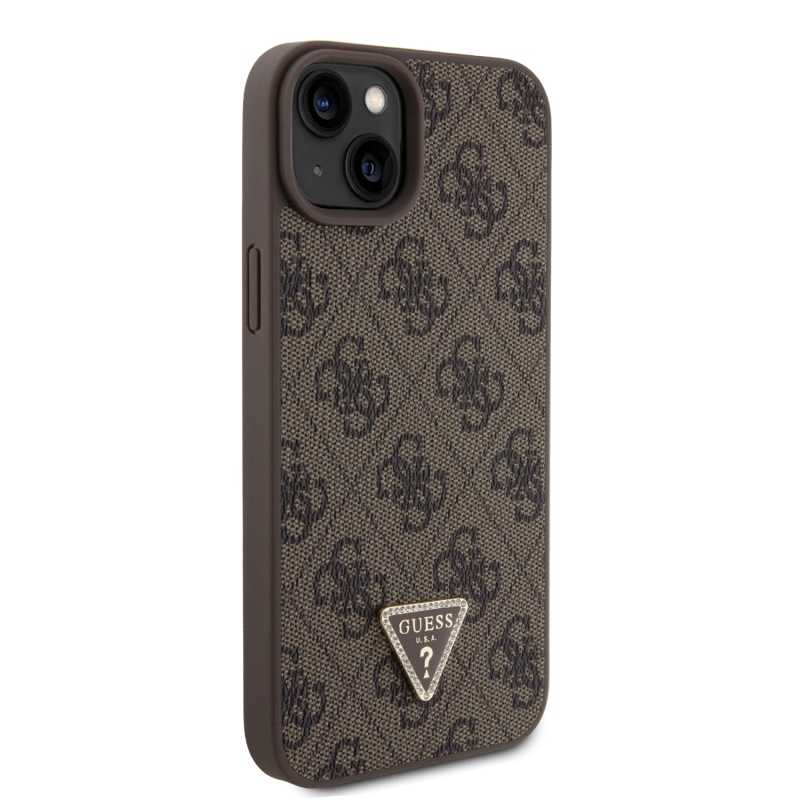 Guess PU 4G Strass Triangle Metal Logo Zadný Kryt pre iPhone 15 Plus Brown