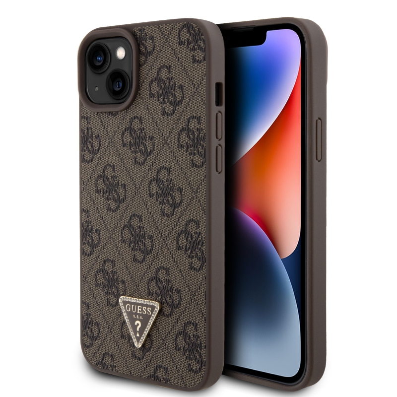 Guess PU 4G Strass Triangle Metal Logo Zadný Kryt pre iPhone 15 Plus Brown