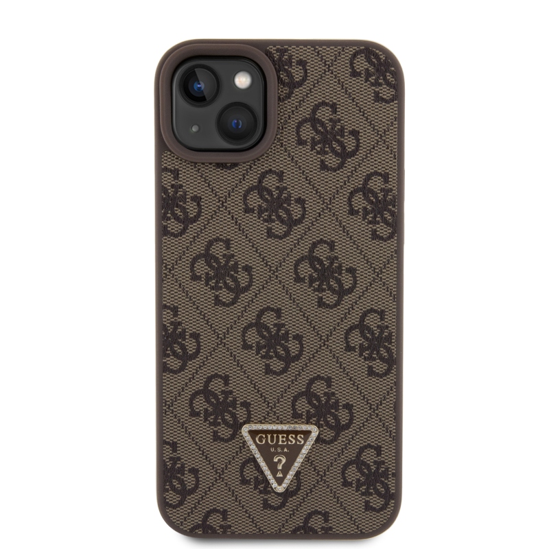 Guess PU 4G Strass Triangle Metal Logo Zadný Kryt pre iPhone 15 Plus Brown