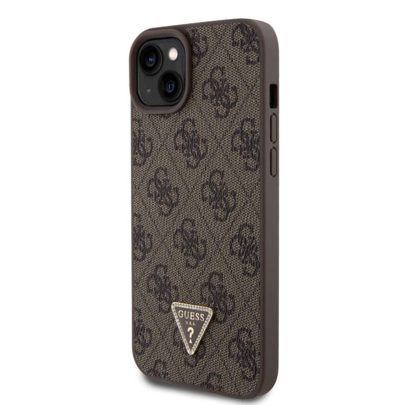 Guess PU 4G Strass Triangle Metal Logo Zadný Kryt pre iPhone 15 Plus Brown