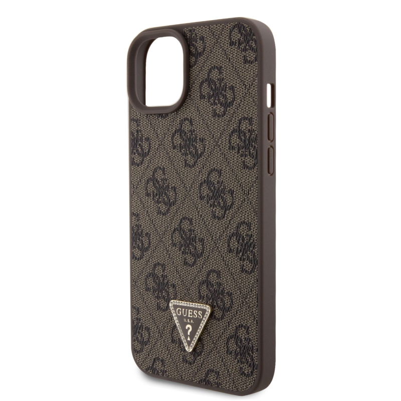 Guess PU 4G Strass Triangle Metal Logo Zadný Kryt pre iPhone 15 Plus Brown