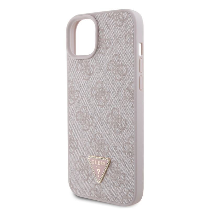 Guess PU 4G Strass Triangle Metal Logo Zadný Kryt pre iPhone 15 Plus Pink