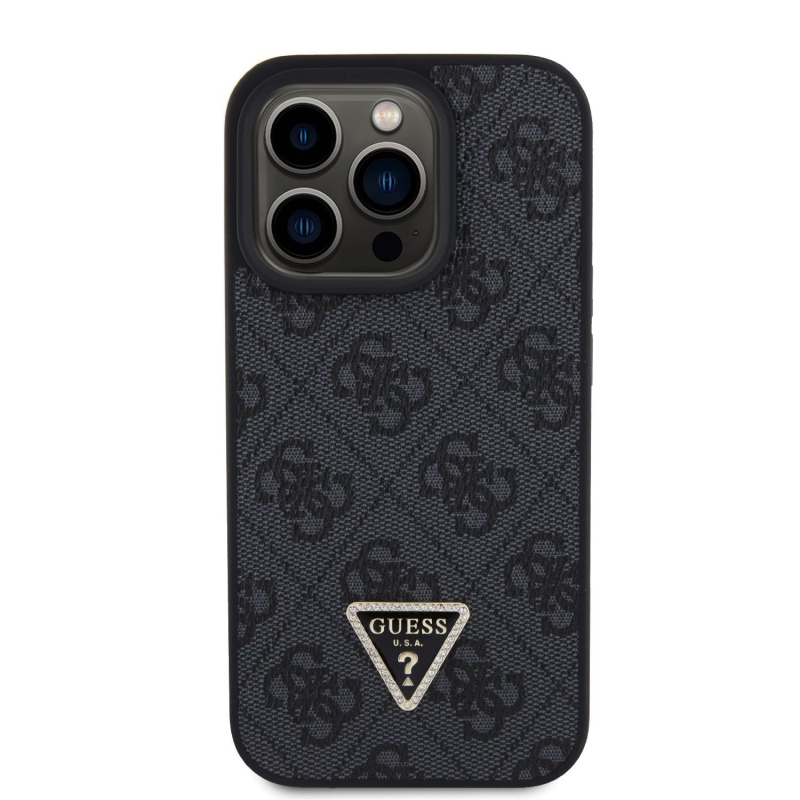 Guess PU 4G Strass Triangle Metal Logo Zadný Kryt pre iPhone 15 Pro Black