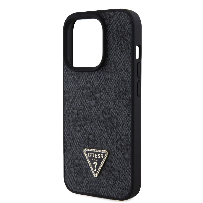 Guess PU 4G Strass Triangle Metal Logo Zadný Kryt pre iPhone 15 Pro Black