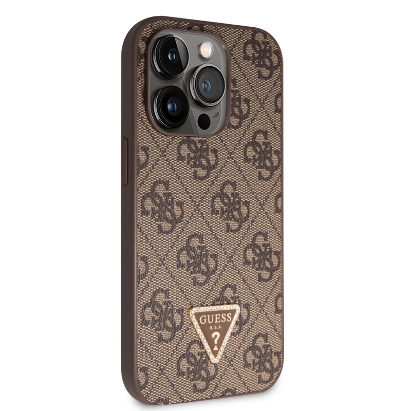 Guess PU 4G Strass Triangle Metal Logo Zadný Kryt pre iPhone 15 Pro Brown