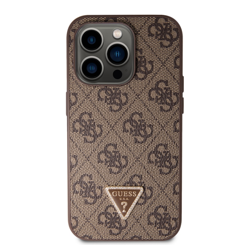 Guess PU 4G Strass Triangle Metal Logo Zadný Kryt pre iPhone 15 Pro Brown