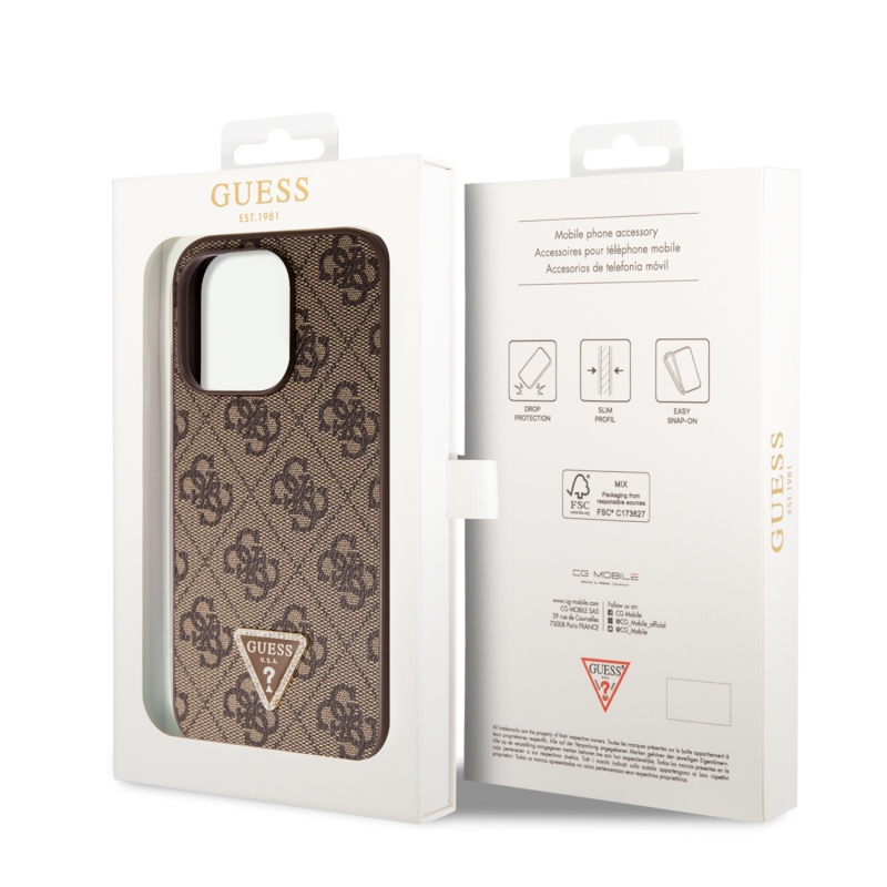 Guess PU 4G Strass Triangle Metal Logo Zadný Kryt pre iPhone 15 Pro Brown