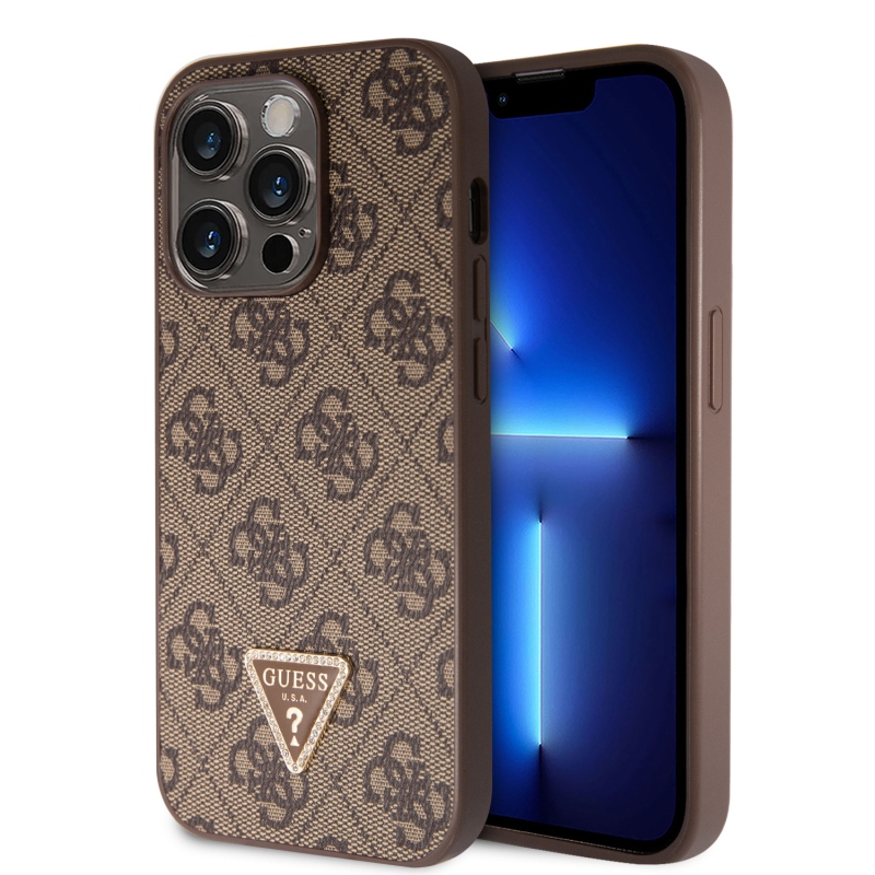 Guess PU 4G Strass Triangle Metal Logo Zadný Kryt pre iPhone 15 Pro Brown