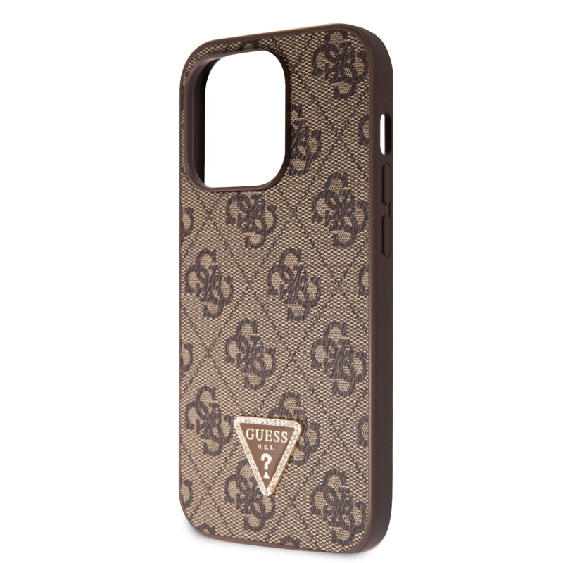 Guess PU 4G Strass Triangle Metal Logo Zadný Kryt pre iPhone 15 Pro Brown