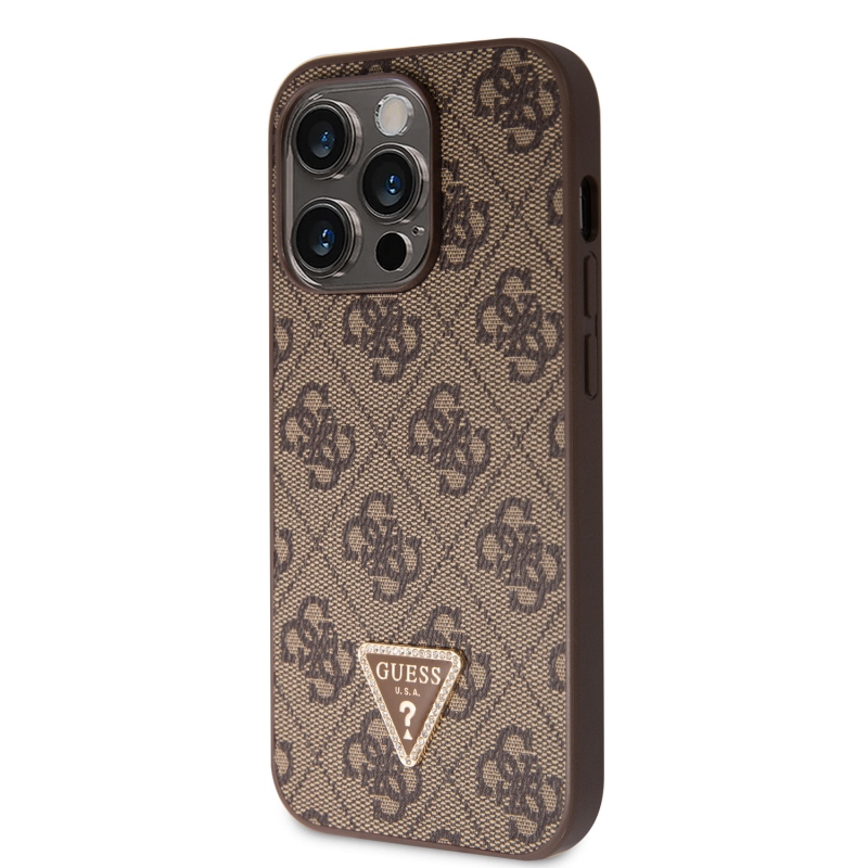 Guess PU 4G Strass Triangle Metal Logo Zadný Kryt pre iPhone 15 Pro Brown