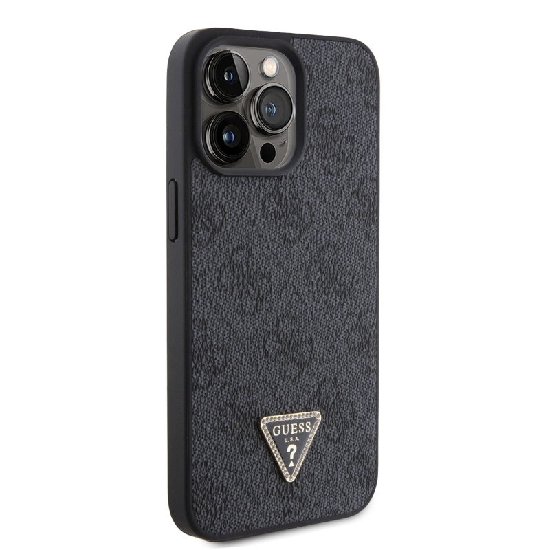 Guess PU 4G Strass Triangle Metal Logo Zadný Kryt pre iPhone 15 Pro Max Black