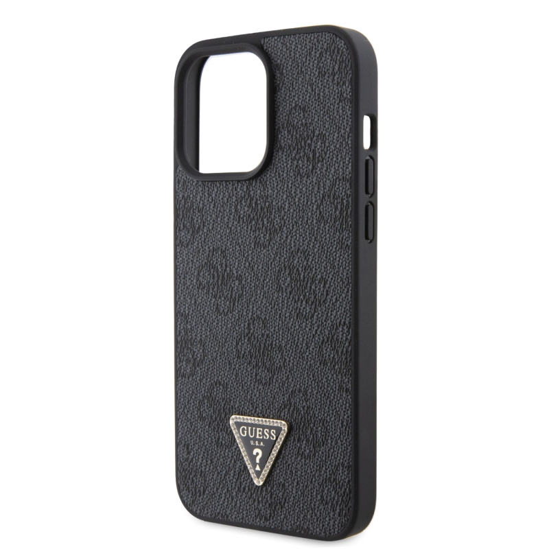 Guess PU 4G Strass Triangle Metal Logo Zadný Kryt pre iPhone 15 Pro Max Black