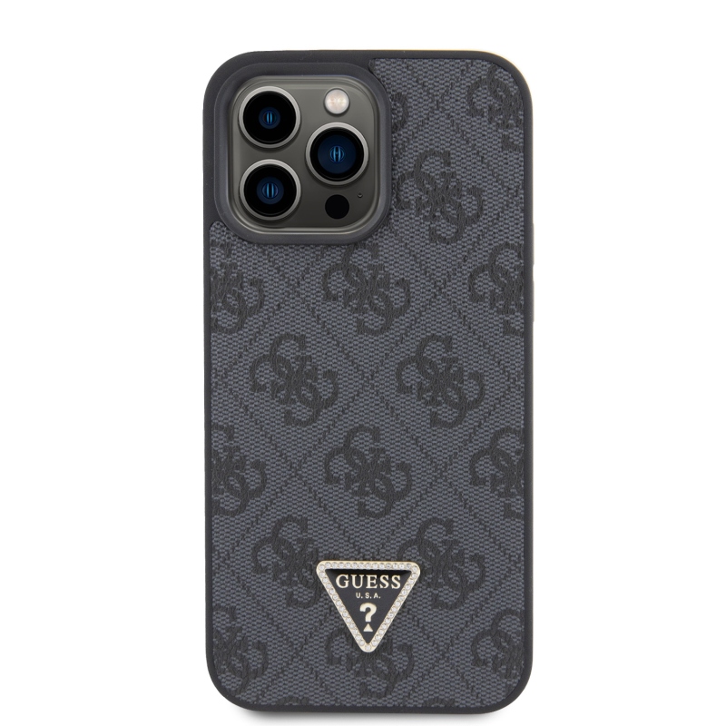 Guess PU 4G Strass Triangle Metal Logo Zadný Kryt pre iPhone 15 Pro Max Black