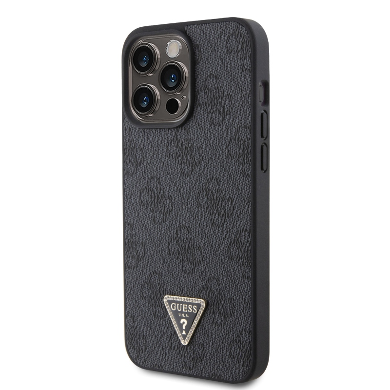 Guess PU 4G Strass Triangle Metal Logo Zadný Kryt pre iPhone 15 Pro Max Black