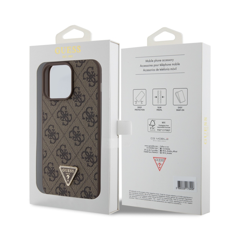 Guess PU 4G Strass Triangle Metal Logo Zadný Kryt pre iPhone 15 Pro Max Brown