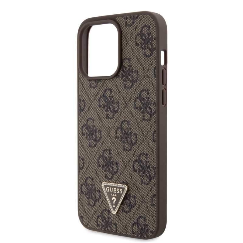 Guess PU 4G Strass Triangle Metal Logo Zadný Kryt pre iPhone 15 Pro Max Brown