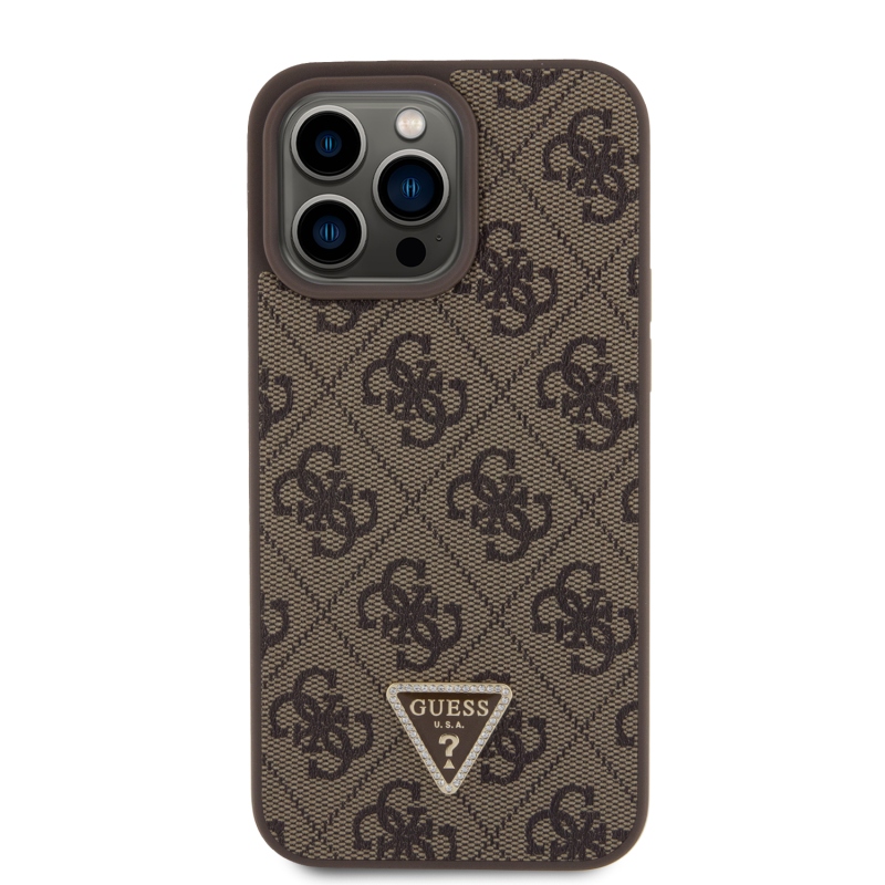 Guess PU 4G Strass Triangle Metal Logo Zadný Kryt pre iPhone 15 Pro Max Brown