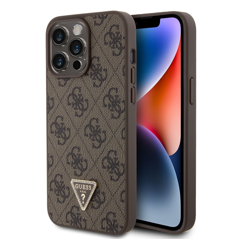 Guess PU 4G Strass Triangle Metal Logo Zadný Kryt pre iPhone 15 Pro Max Brown