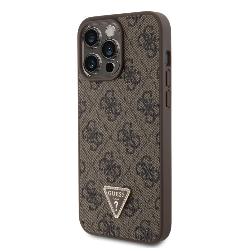 Guess PU 4G Strass Triangle Metal Logo Zadný Kryt pre iPhone 15 Pro Max Brown