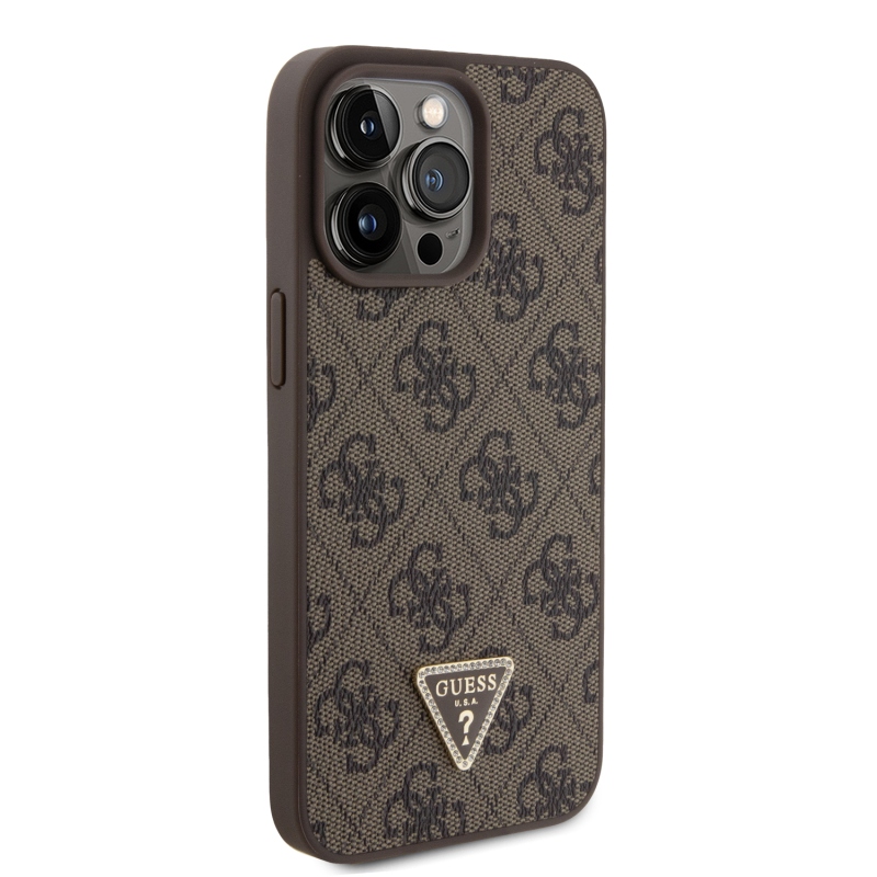 Guess PU 4G Strass Triangle Metal Logo Zadný Kryt pre iPhone 15 Pro Max Brown