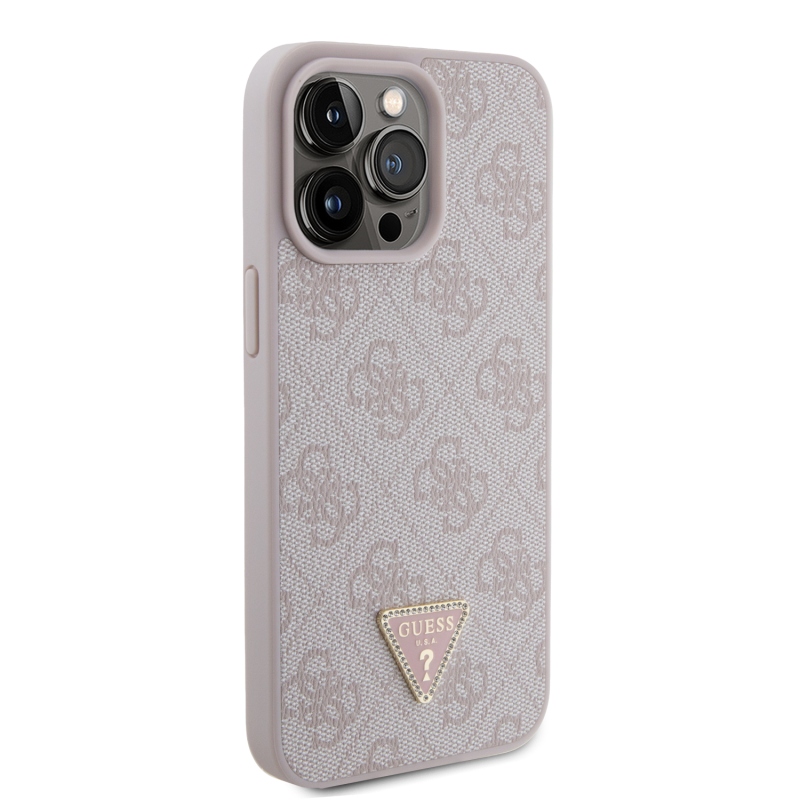 Guess PU 4G Strass Triangle Metal Logo Zadný Kryt pre iPhone 15 Pro Max Pink