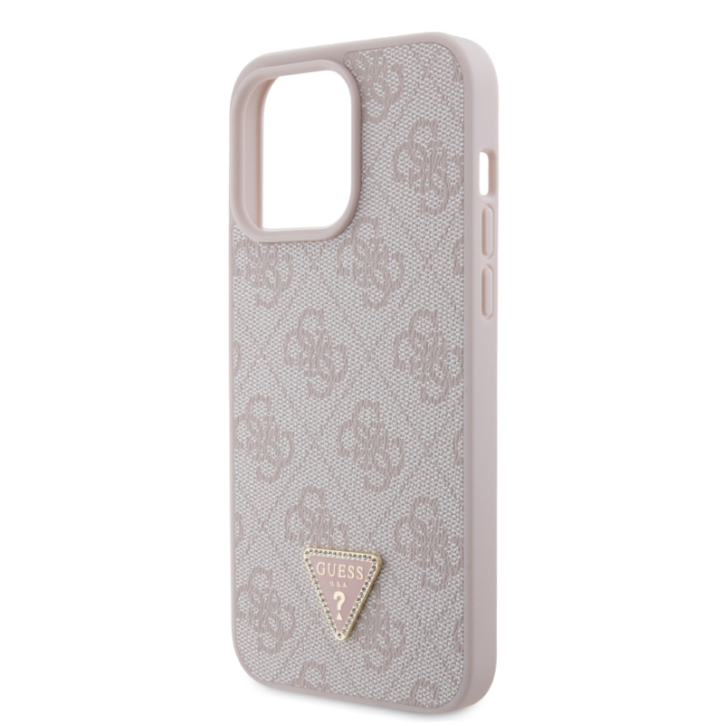 Guess PU 4G Strass Triangle Metal Logo Zadný Kryt pre iPhone 15 Pro Max Pink