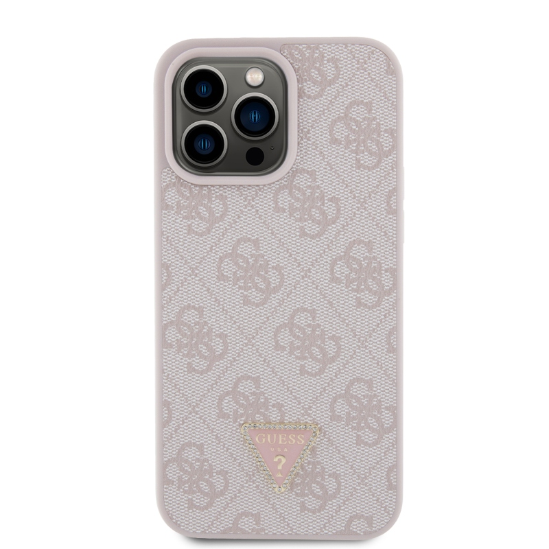 Guess PU 4G Strass Triangle Metal Logo Zadný Kryt pre iPhone 15 Pro Max Pink