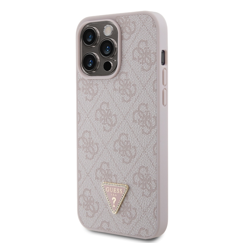 Guess PU 4G Strass Triangle Metal Logo Zadný Kryt pre iPhone 15 Pro Max Pink