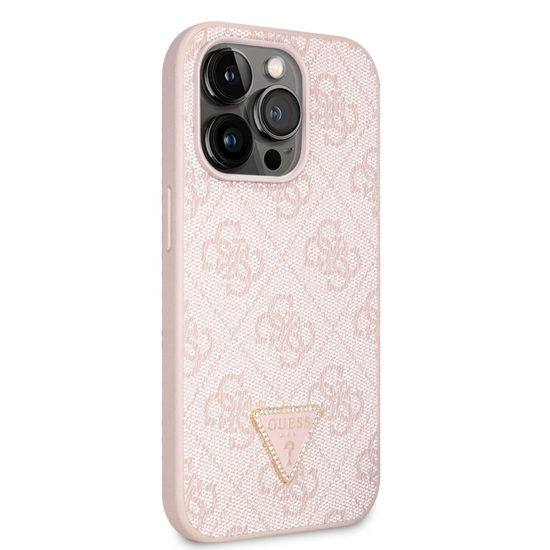 Guess PU 4G Strass Triangle Metal Logo Zadný Kryt pre iPhone 15 Pro Pink