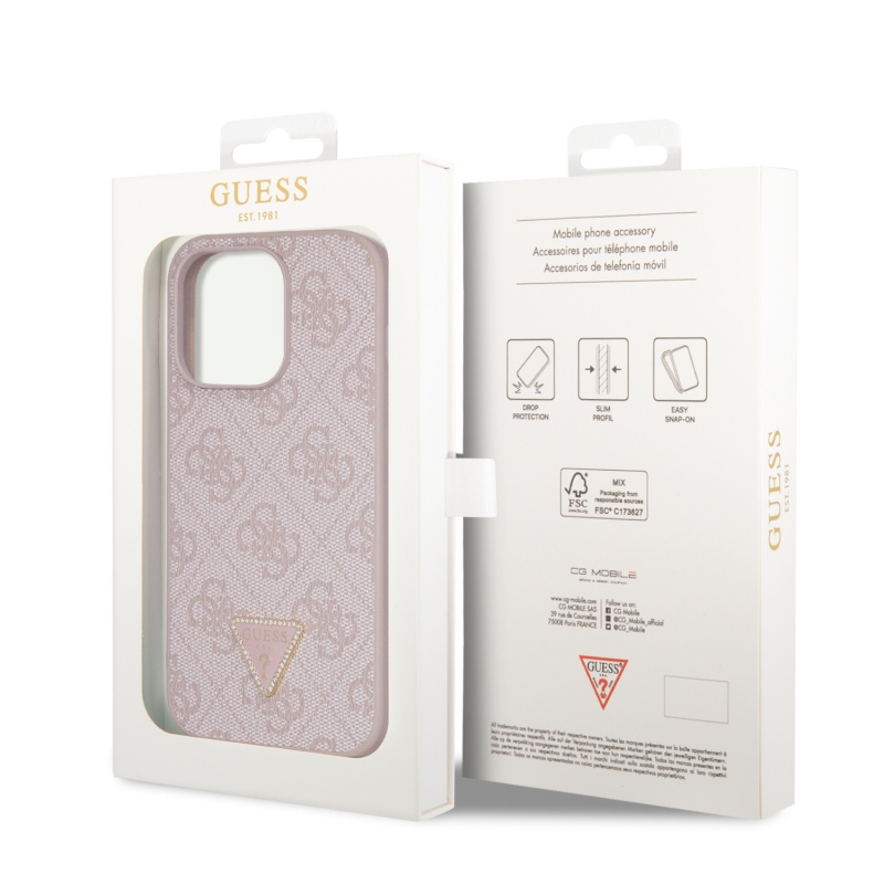 Guess PU 4G Strass Triangle Metal Logo Zadný Kryt pre iPhone 15 Pro Pink