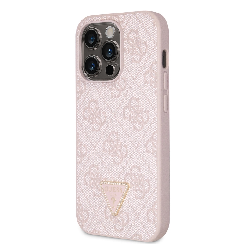 Guess PU 4G Strass Triangle Metal Logo Zadný Kryt pre iPhone 15 Pro Pink