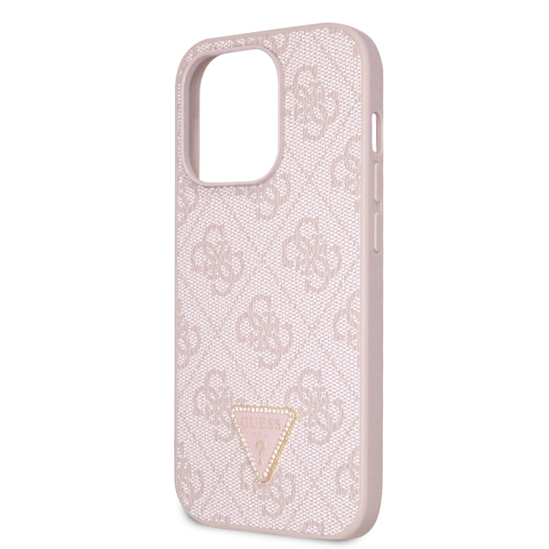 Guess PU 4G Strass Triangle Metal Logo Zadný Kryt pre iPhone 15 Pro Pink