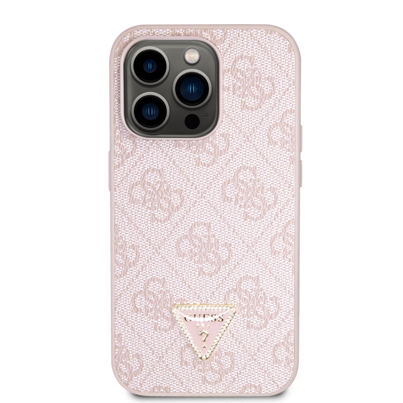 Guess PU 4G Strass Triangle Metal Logo Zadný Kryt pre iPhone 15 Pro Pink