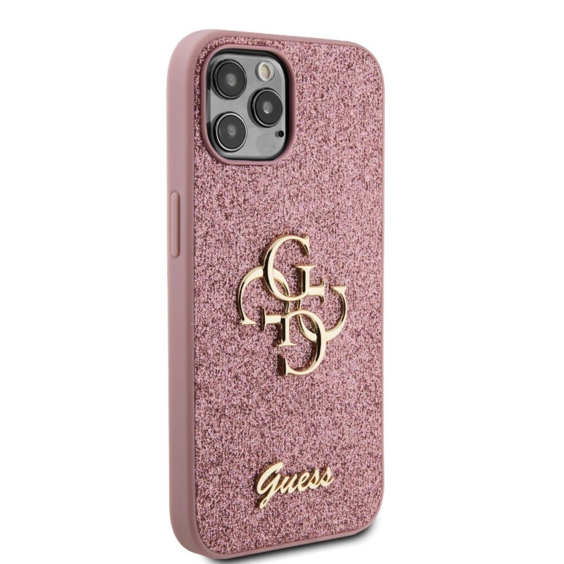 Guess PU Fixed Glitter 4G Metal Logo Zadný Kryt pre iPhone 12/12 Pro Pink