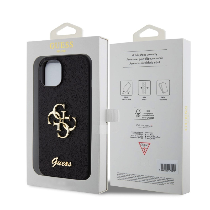 Guess PU Fixed Glitter 4G Metal Logo Zadný Kryt pre iPhone 13 Black